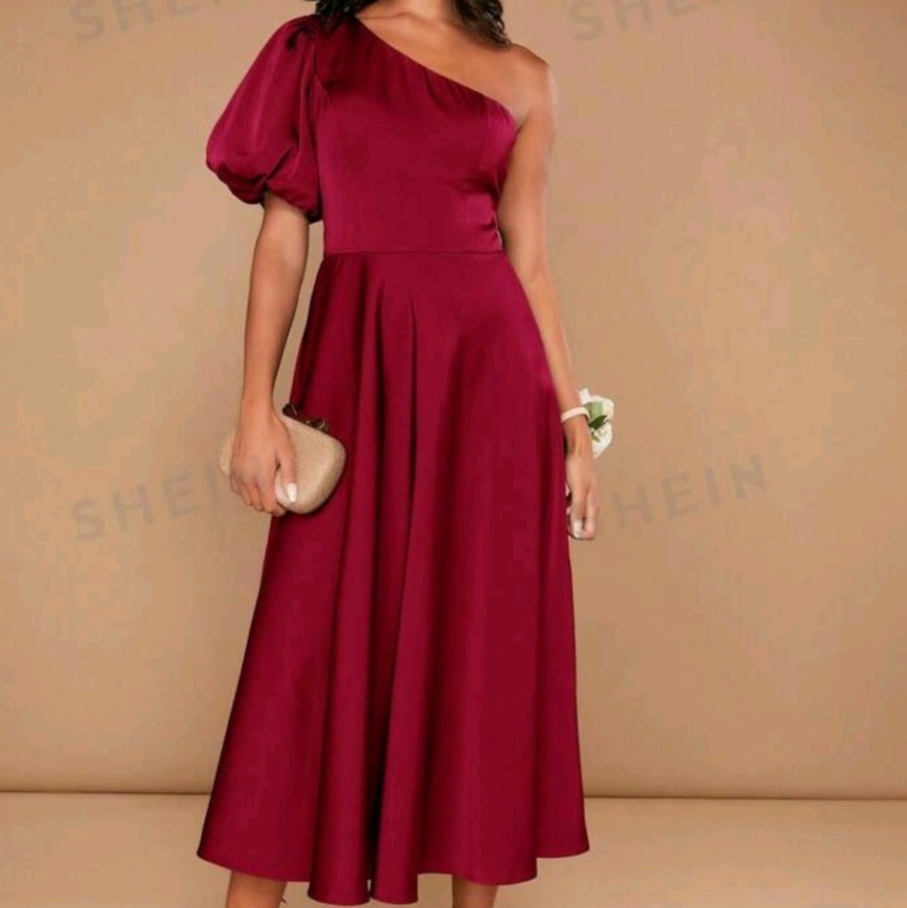 Wedding One Shoulder Red Midi Dress